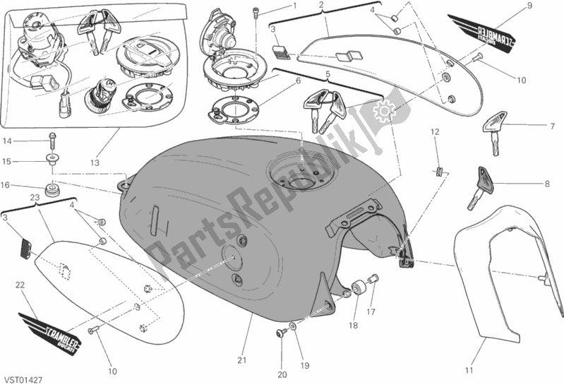 All parts for the Fuel Tank of the Ducati Scrambler Brazil Special Edition 1100 2018